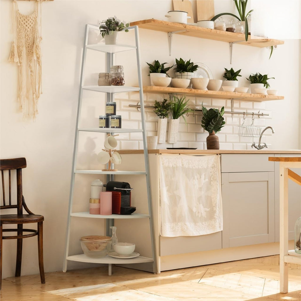 White 5‑Tier Ladder Corner Shelf with Metal Frame