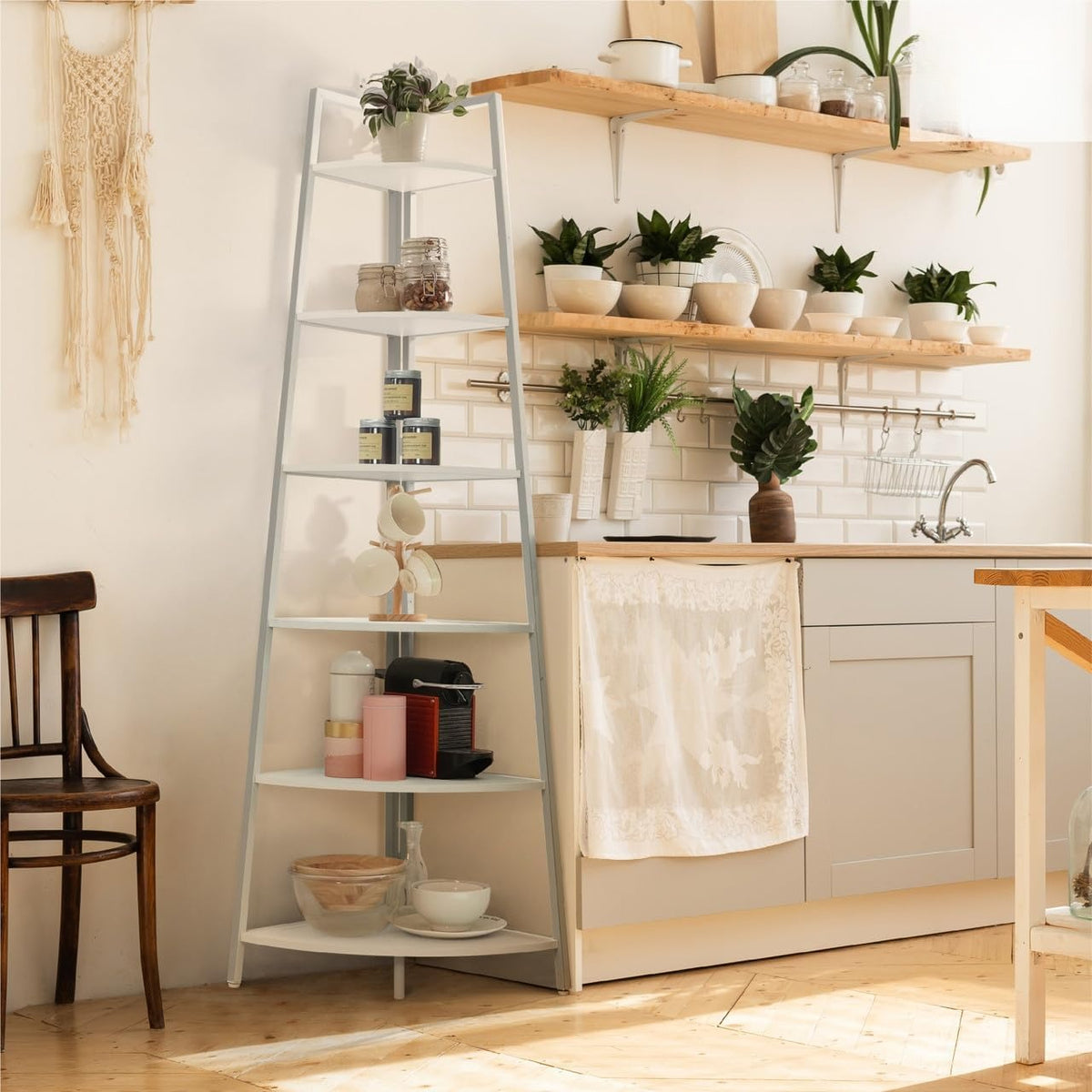 White 5‑Tier Ladder Corner Shelf with Metal Frame