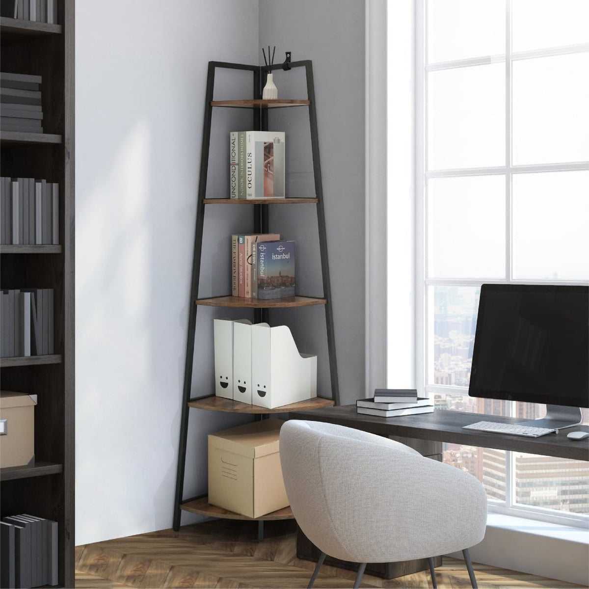 Oak 5‑Tier Corner Ladder Storage Shelf