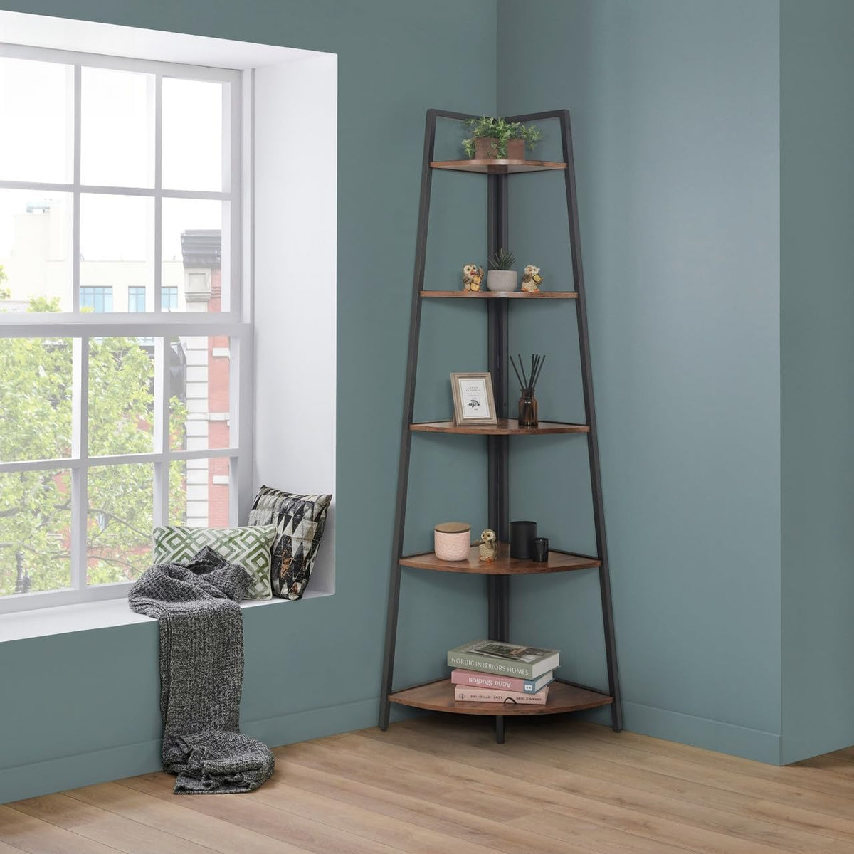 Oak 5‑Tier Corner Ladder Storage Shelf