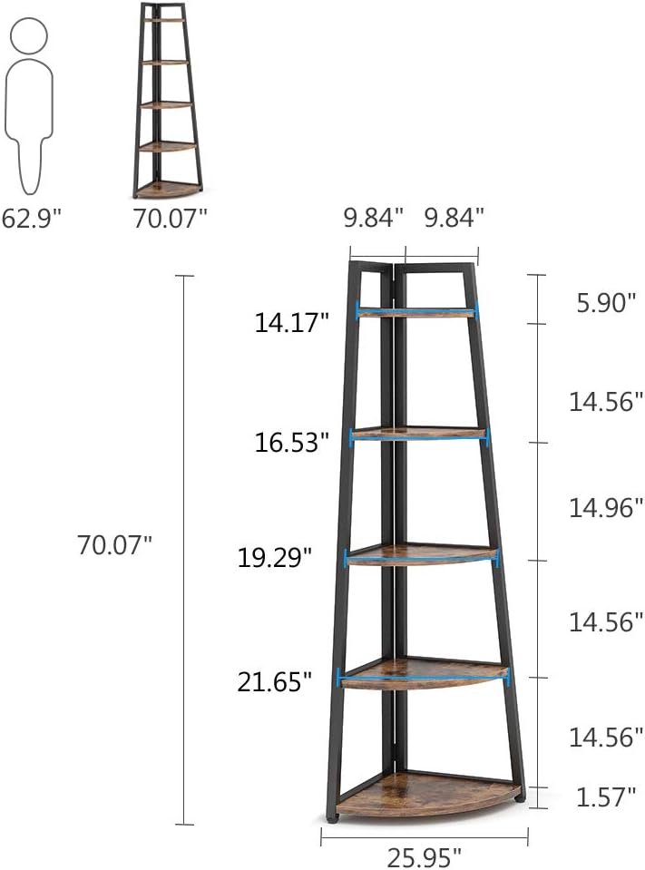 Brown 70‑Inch 5‑Tier Industrial Corner Ladder Shelf