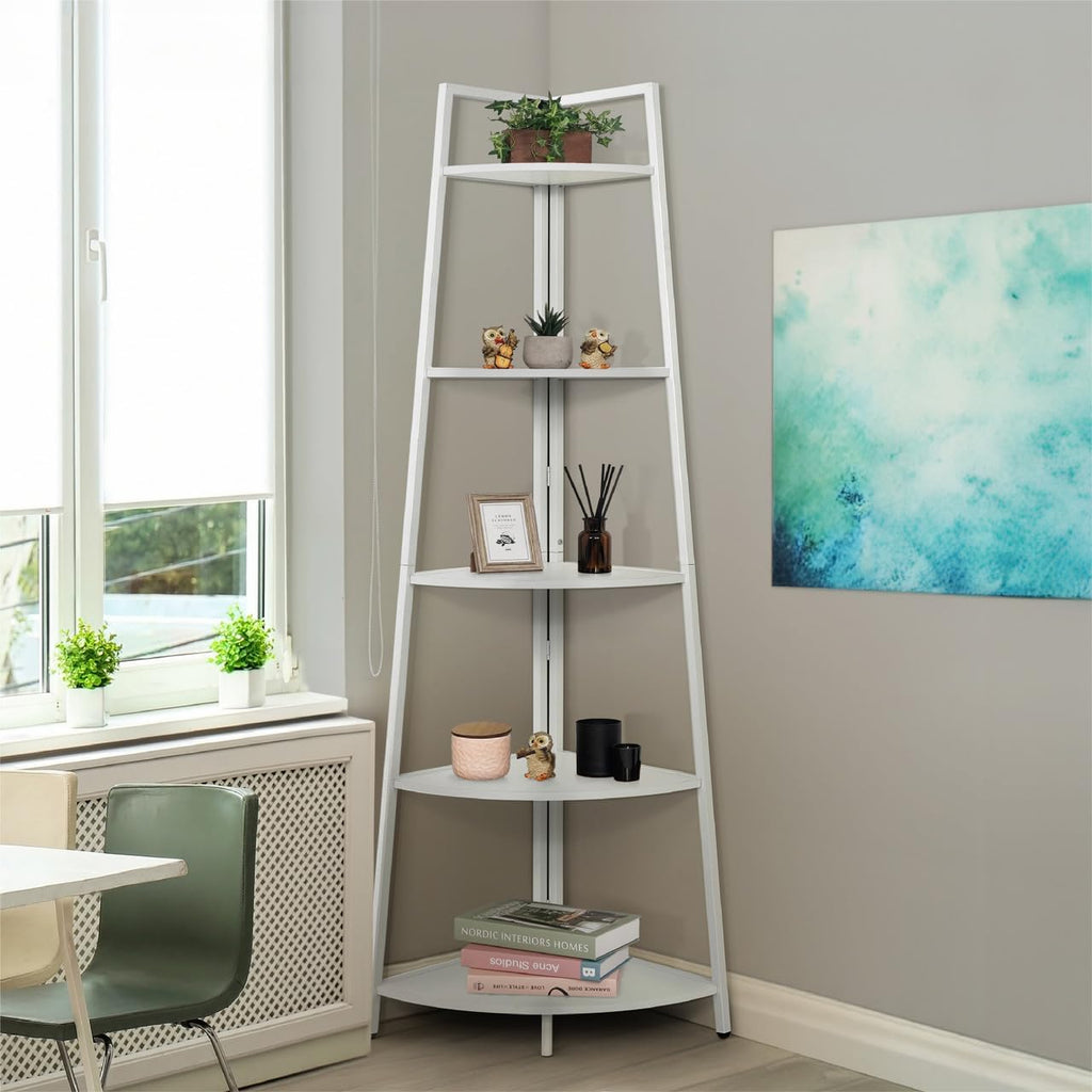White 5‑Tier Ladder Corner Shelf with Metal Frame