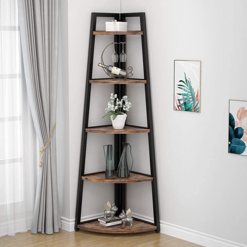 Brown 70‑Inch 5‑Tier Industrial Corner Ladder Shelf