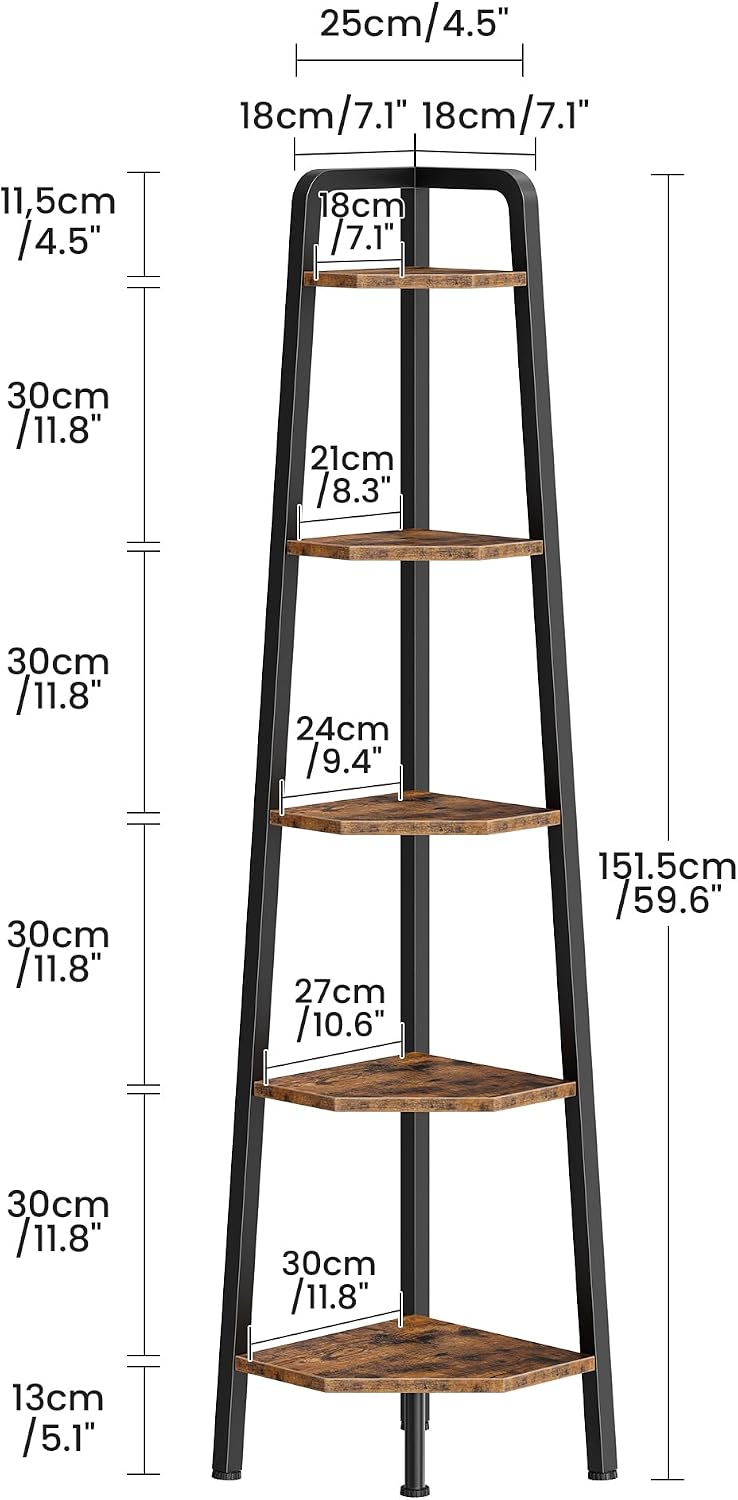 Rustic‑Brown 59.6‑Inch 5‑Tier Ladder Corner Shelf