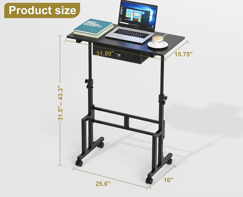 Black Rolling Sit‑Stand Desk with Drawer