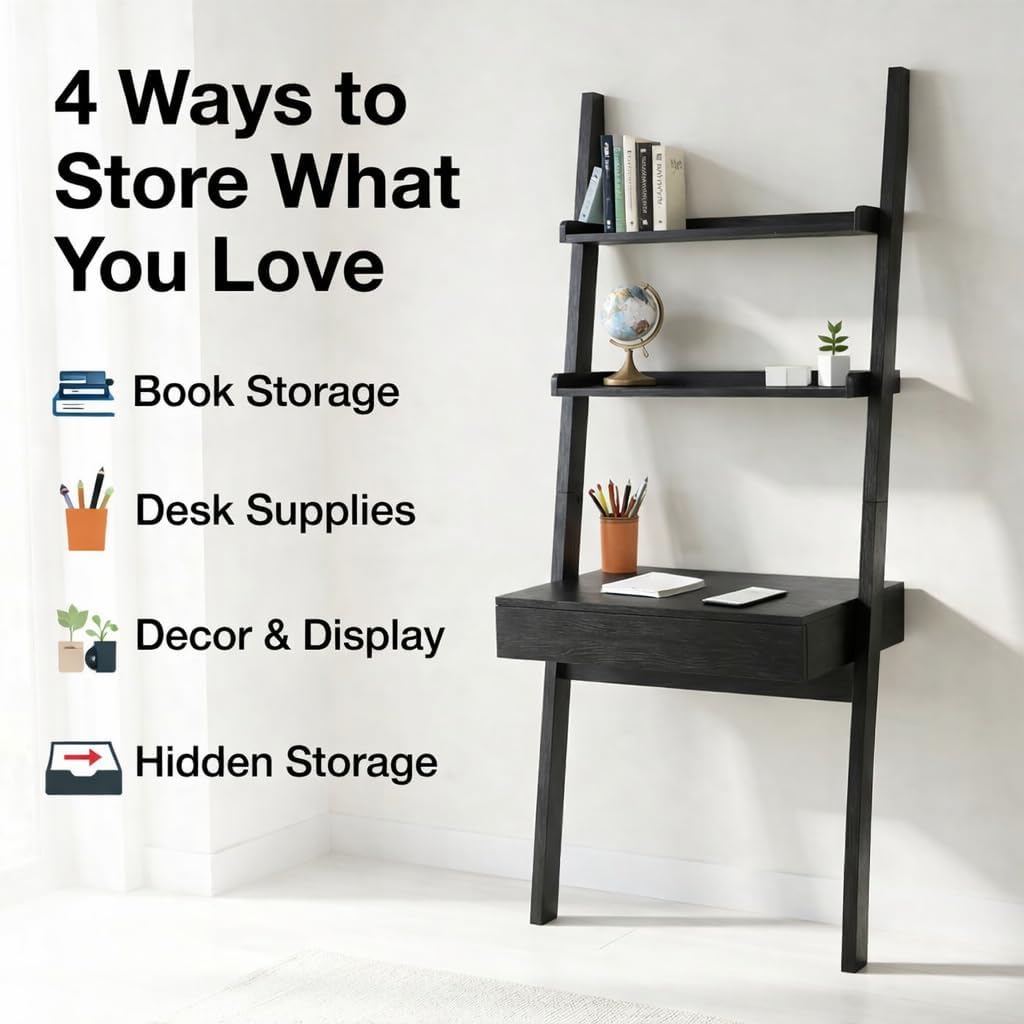 Modern Small Desk with Ladder Shelf & Drawer