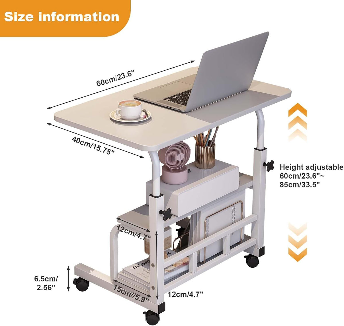 Mobile Rolling Standing Desk with Storage Shelves