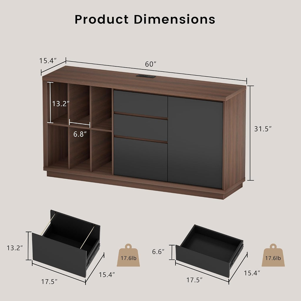 60‑Inch File Cabinet with Drawers, Door & Charging Station