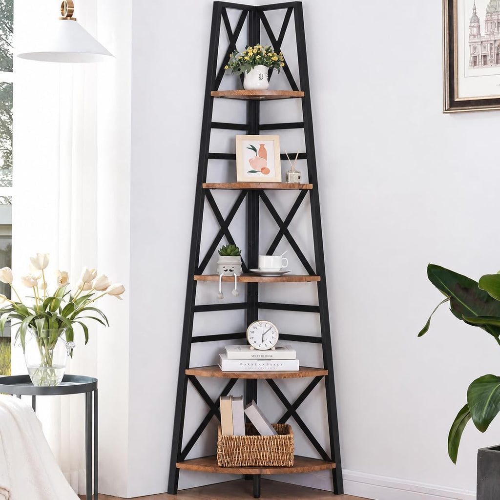Rustic‑Brown 72‑Inch 5‑Tier Corner Bookshelf