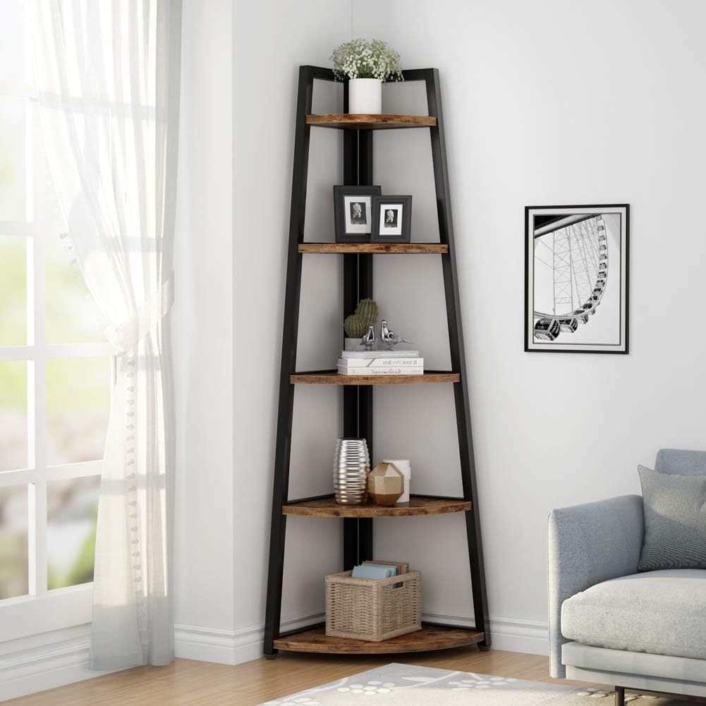 Brown 70‑Inch 5‑Tier Industrial Corner Ladder Shelf