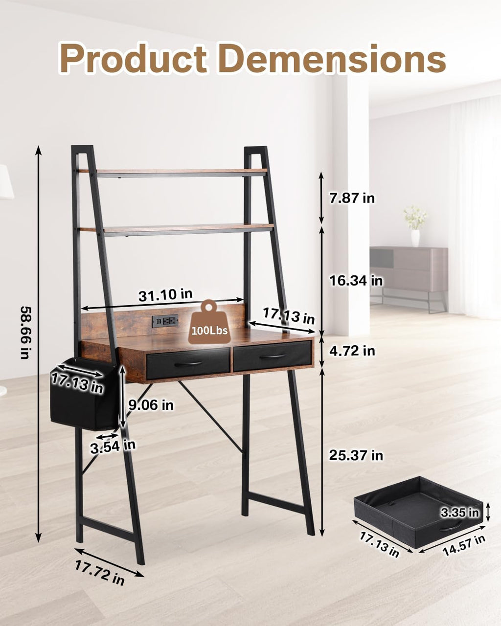 Dark‑Brown Ladder Desk with Power Outlets & Drawers
