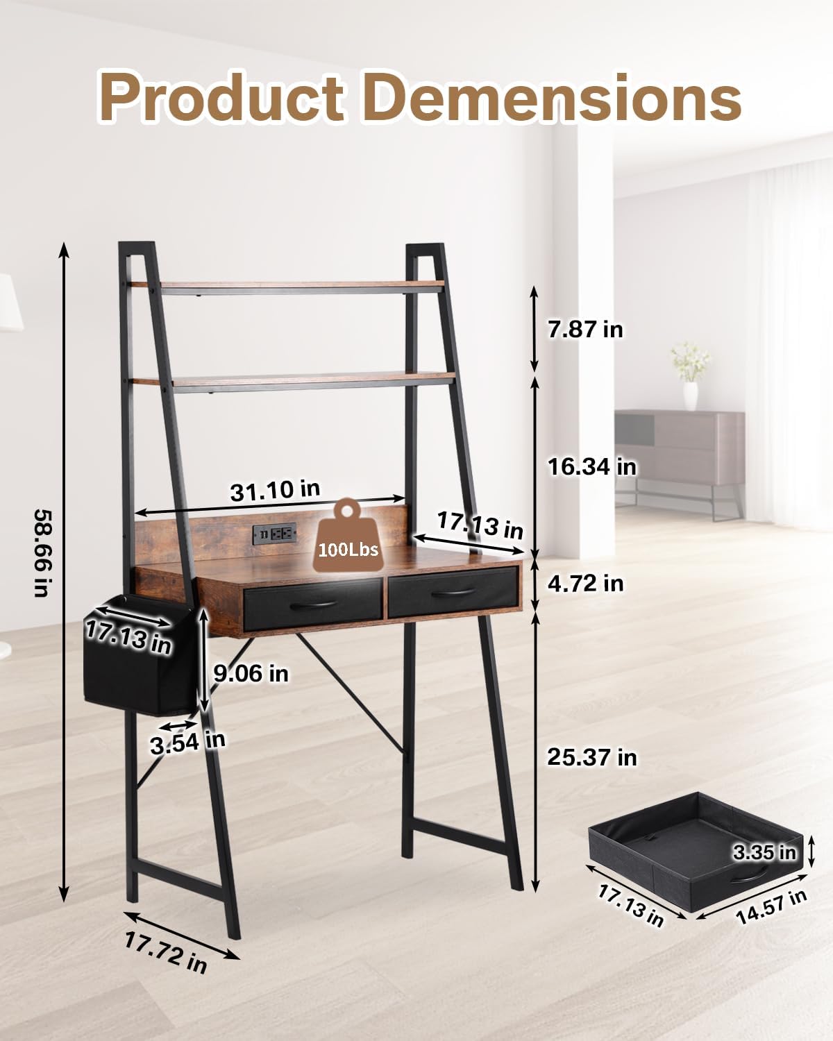 Dark‑Brown Ladder Desk with Power Outlets & Drawers