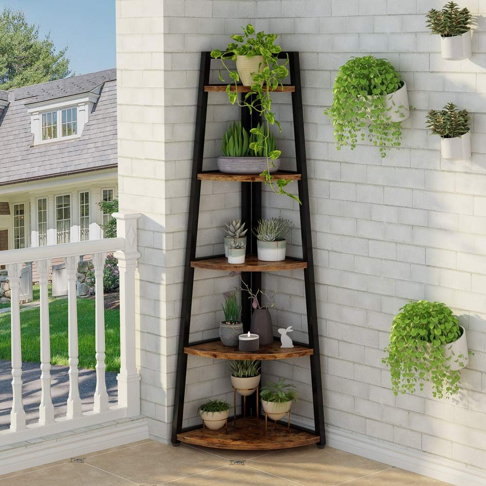 Brown 70‑Inch 5‑Tier Industrial Corner Ladder Shelf
