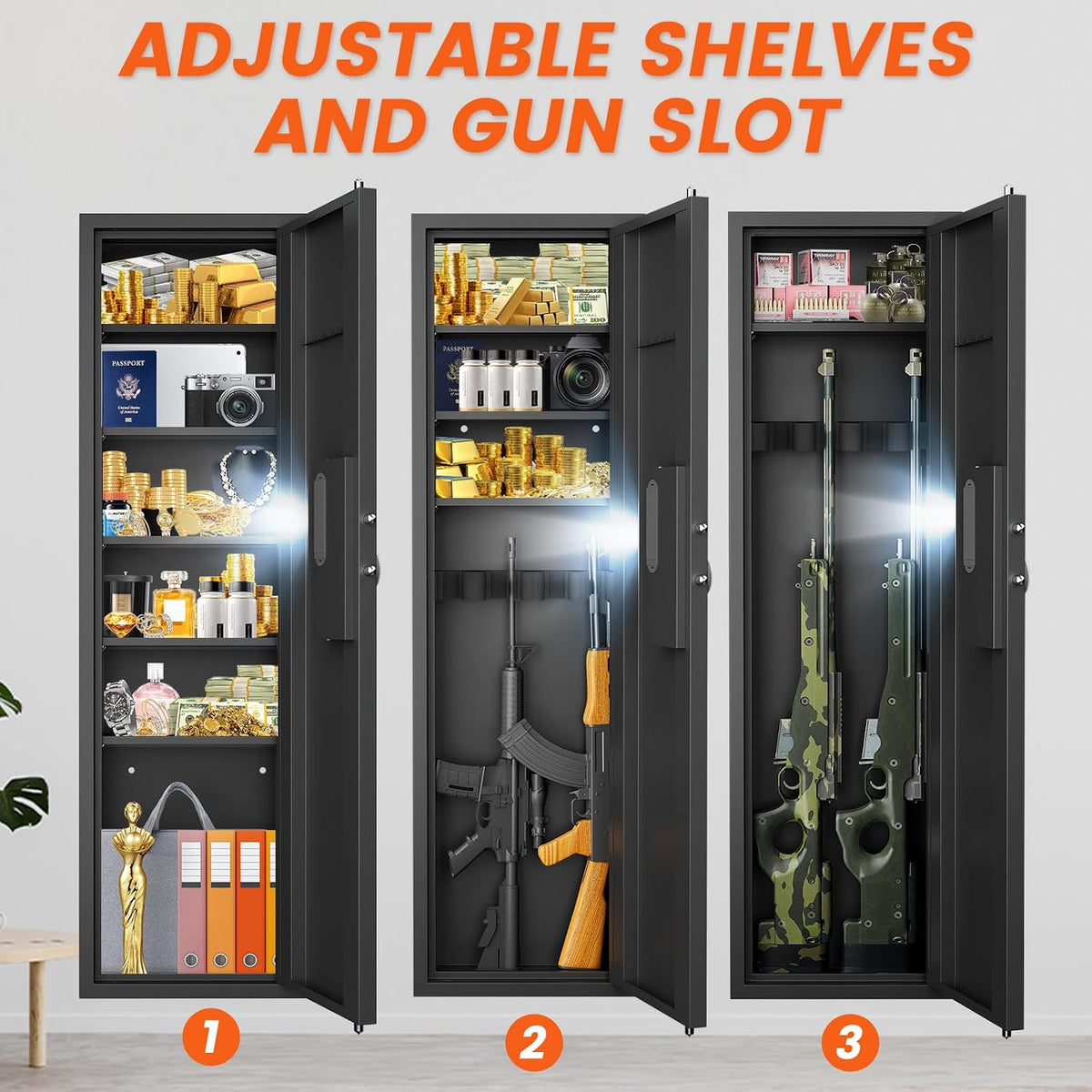 Black Biometric In‑Wall Safe with Gun Rack & Shelves