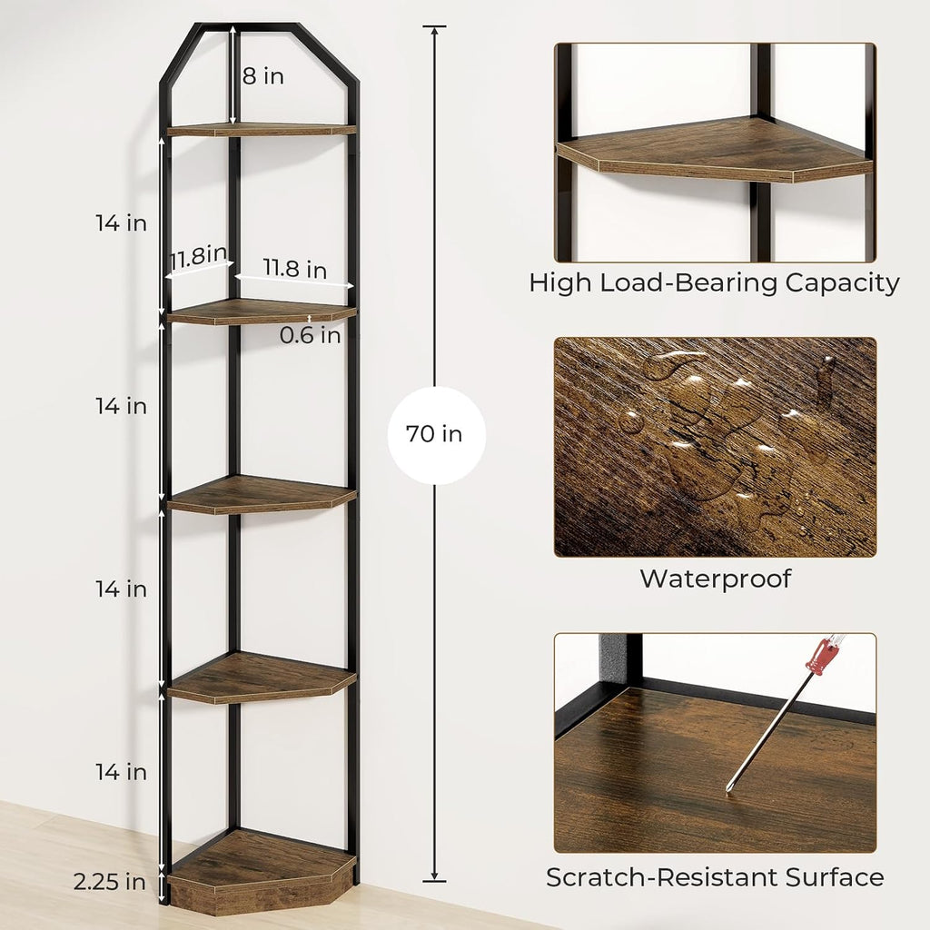 Rustic‑Brown 70‑Inch 5‑Tier Metal Corner Shelf
