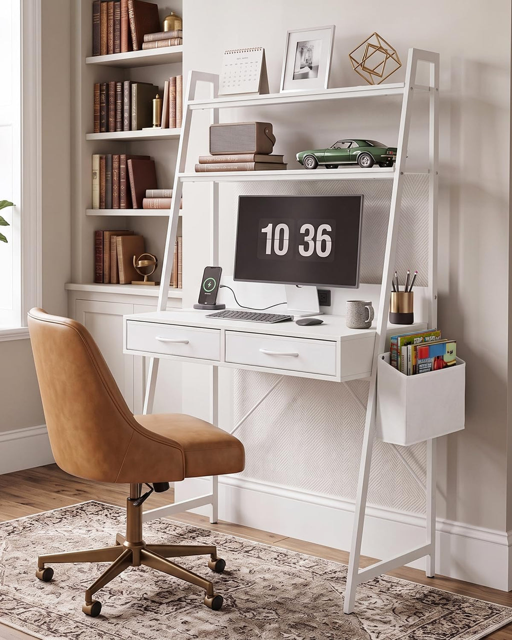 Home Office Desk with Drawer & 2‑Tier Shelves