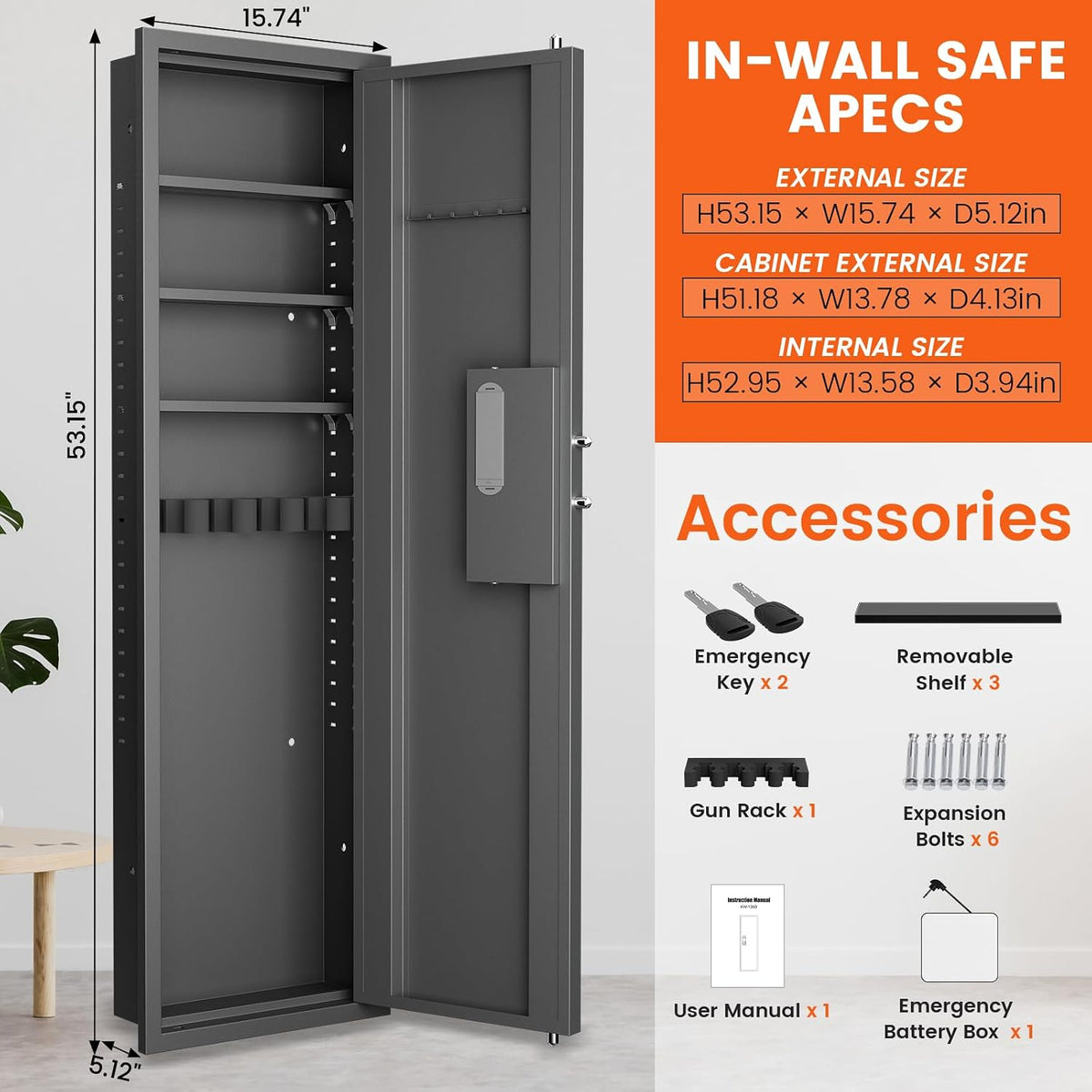 Black Biometric In‑Wall Safe with Gun Rack & Shelves