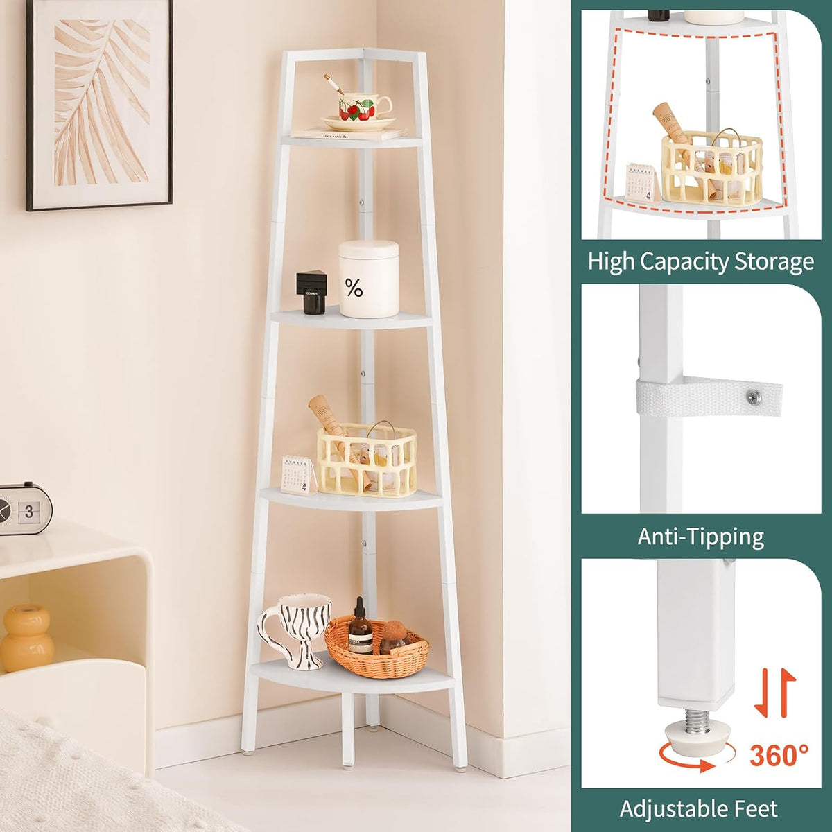 4‑Tier Tall Corner Shelf with Metal & Wood Frame