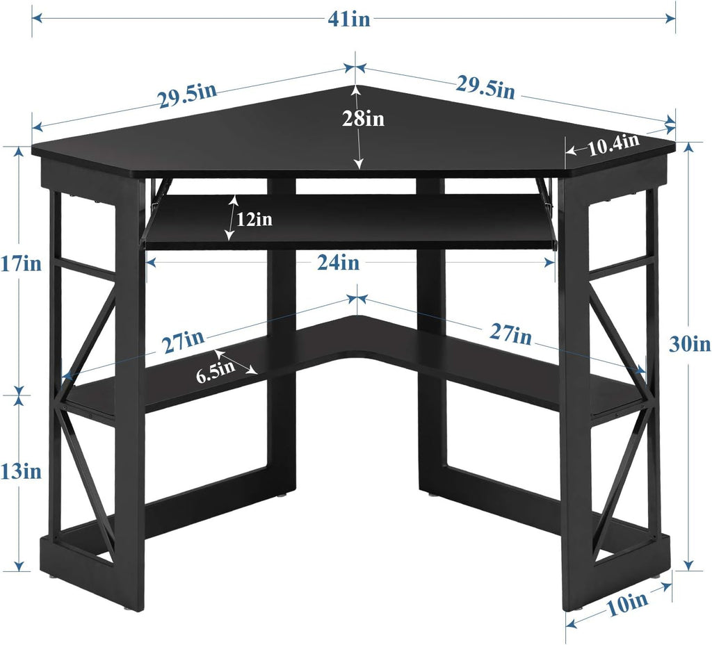 Black Compact Corner Desk with Keyboard Tray & Shelves