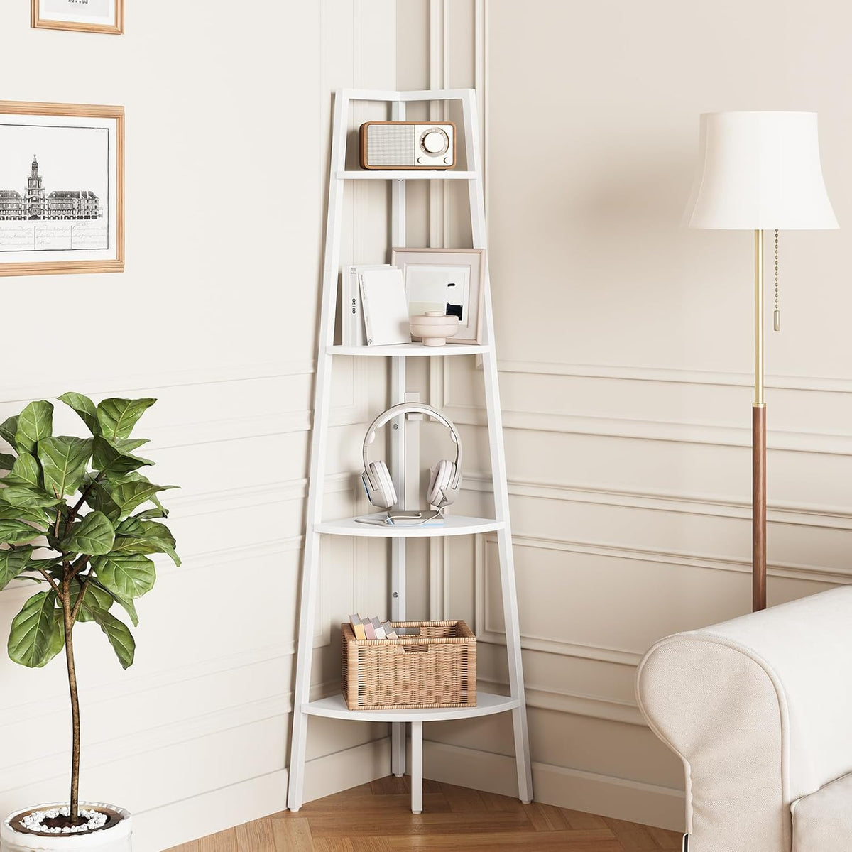4‑Tier Tall Corner Shelf with Metal & Wood Frame
