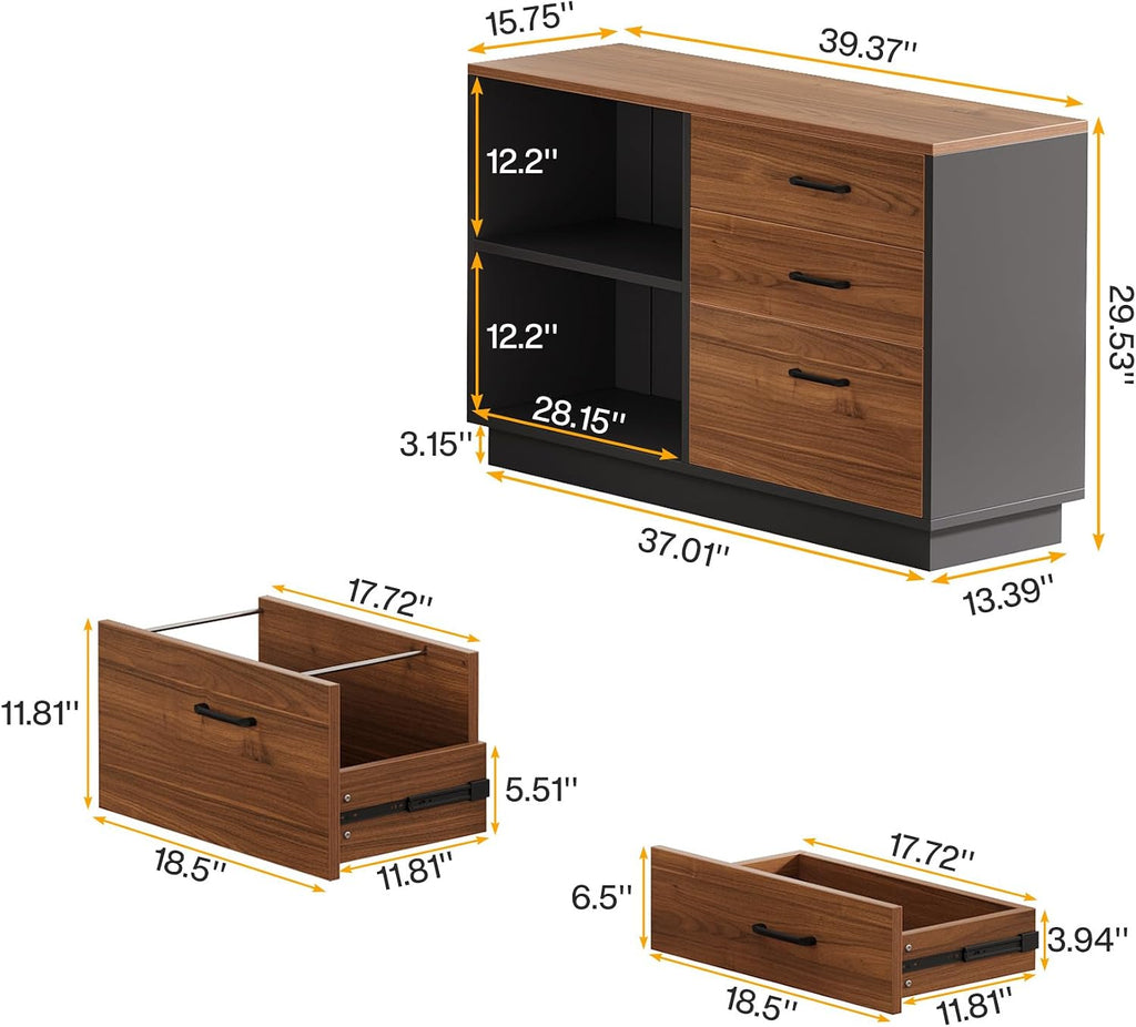 39‑Inch Brown‑Black Lateral Cabinet with Drawers & Shelves