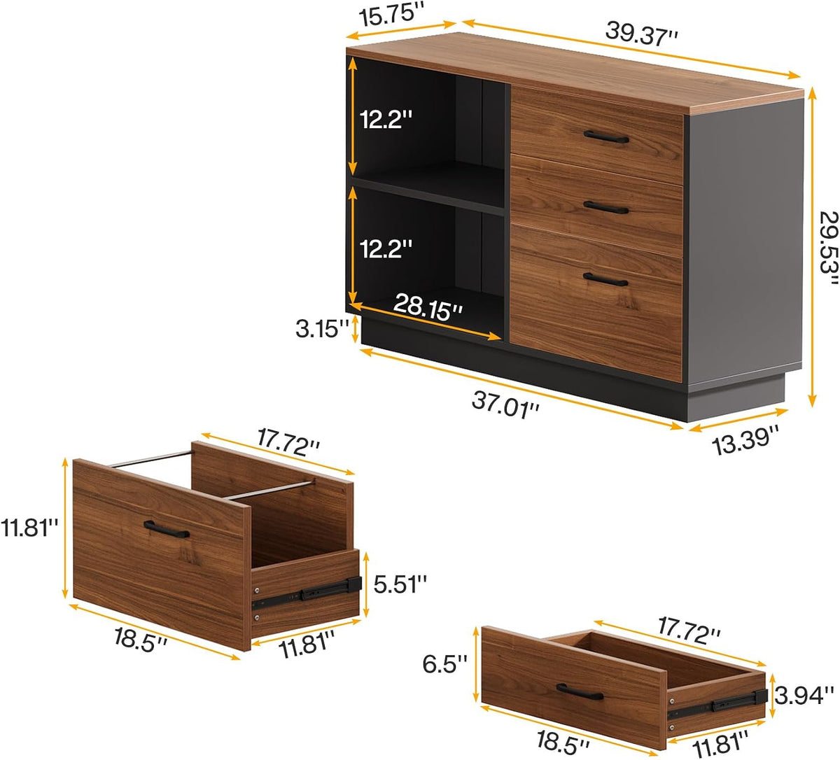 39‑Inch Brown‑Black Lateral Cabinet with Drawers & Shelves