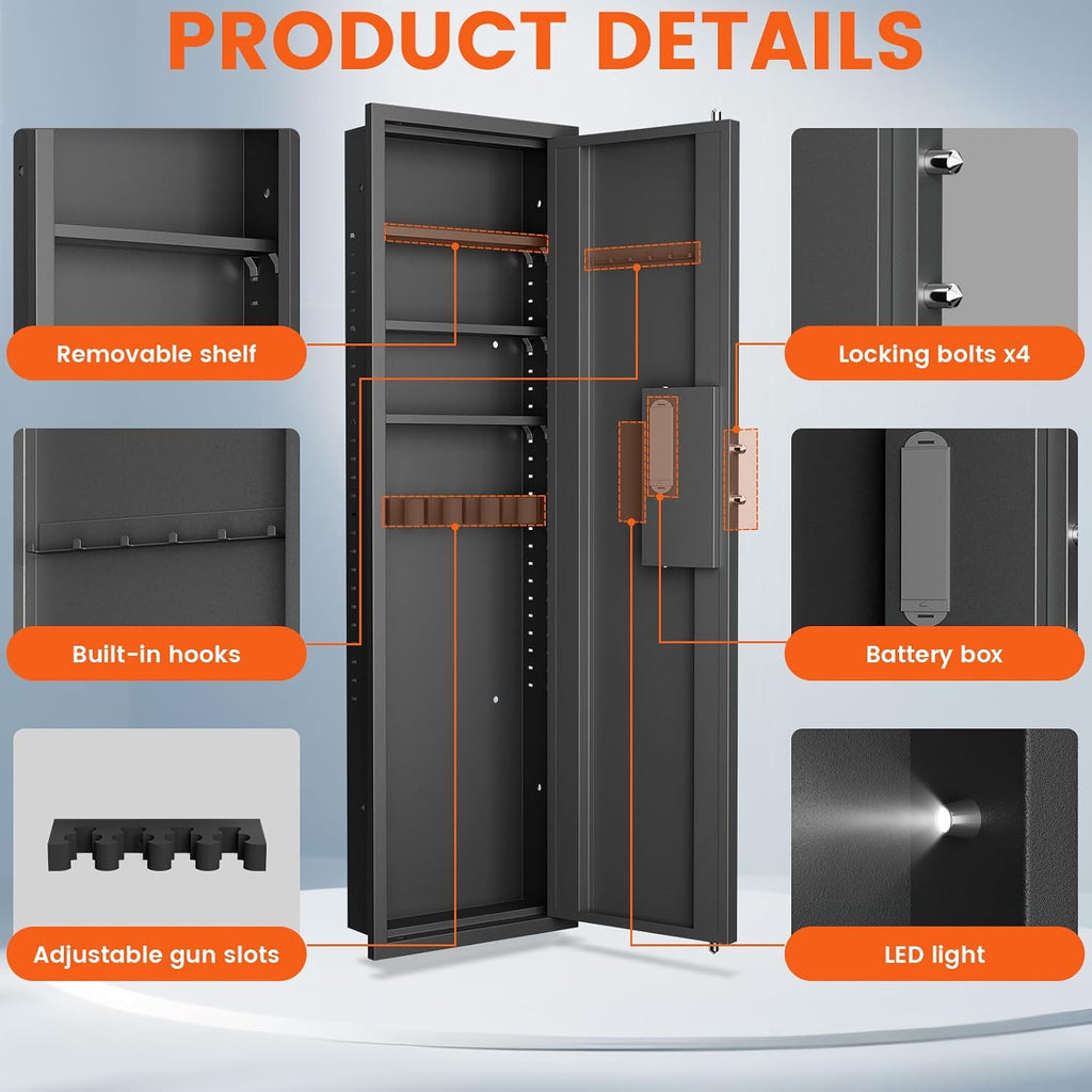 Black Biometric In‑Wall Safe with Gun Rack & Shelves