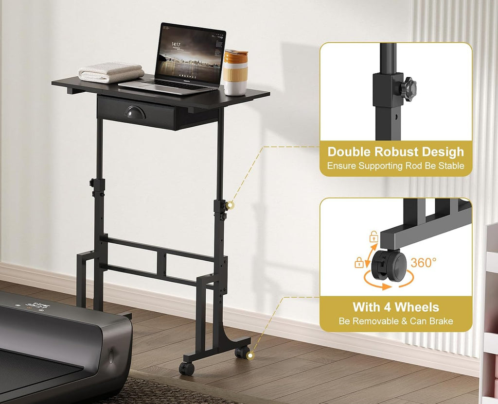 Black Rolling Sit‑Stand Desk with Drawer