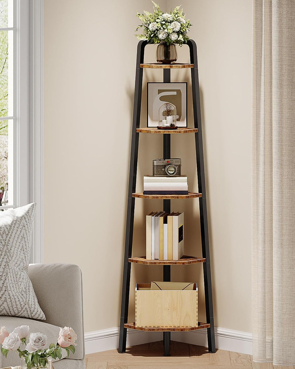 Rustic‑Brown 59.6‑Inch 5‑Tier Ladder Corner Shelf
