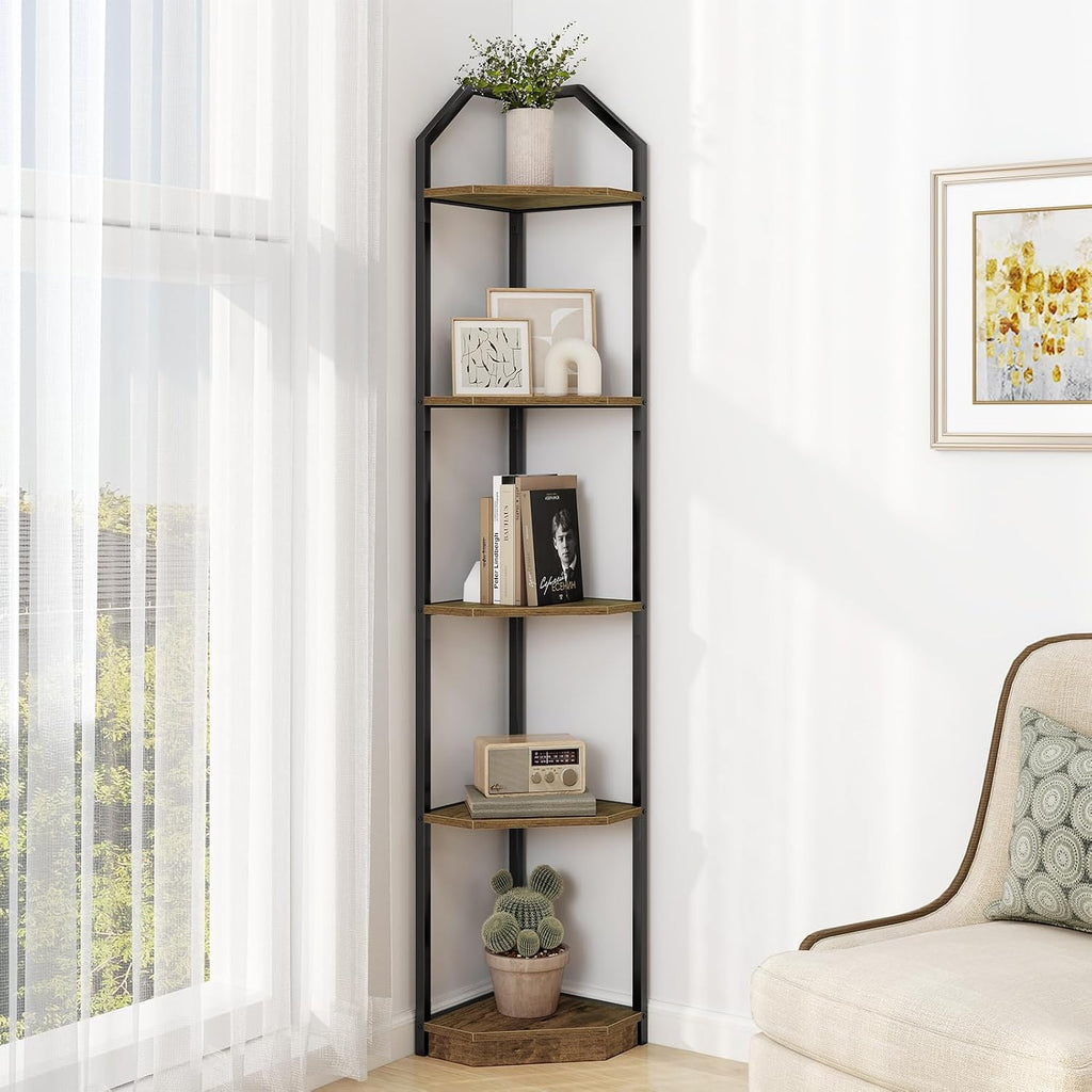 Rustic‑Brown 70‑Inch 5‑Tier Metal Corner Shelf