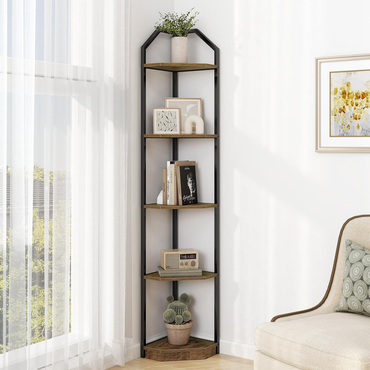 Rustic‑Brown 70‑Inch 5‑Tier Metal Corner Shelf