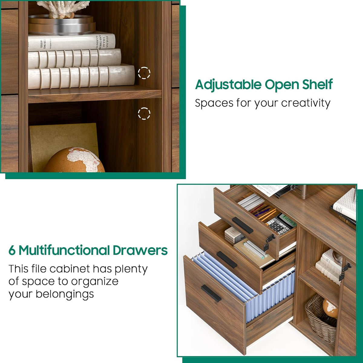 Brown Mobile Lateral File Cabinet with 6 Lockable Drawers