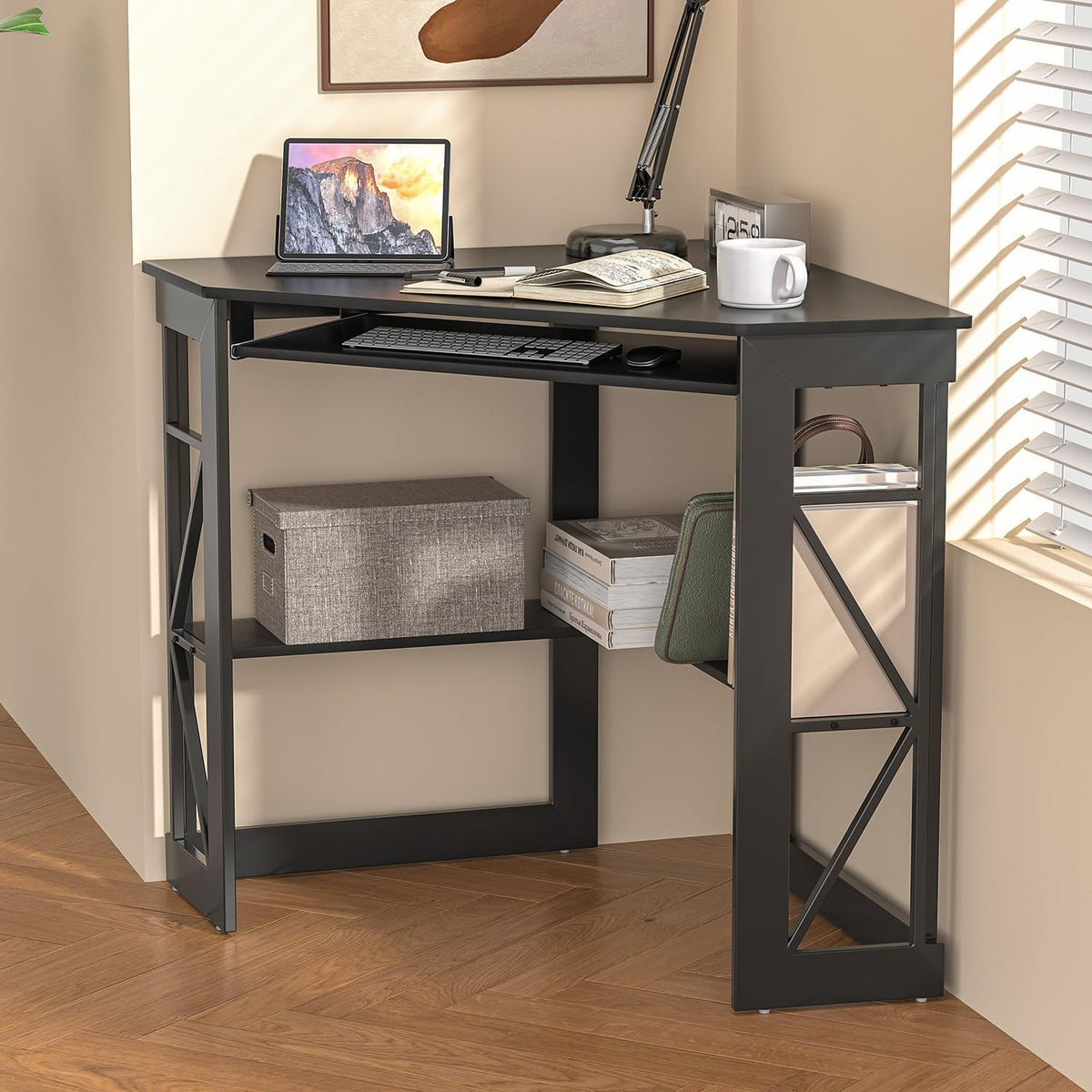 Black Compact Corner Desk with Keyboard Tray & Shelves
