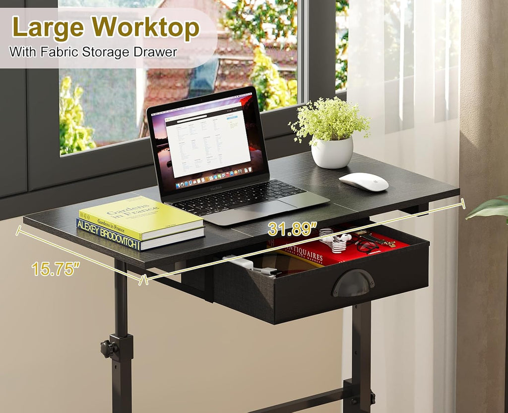 Black Rolling Sit‑Stand Desk with Drawer