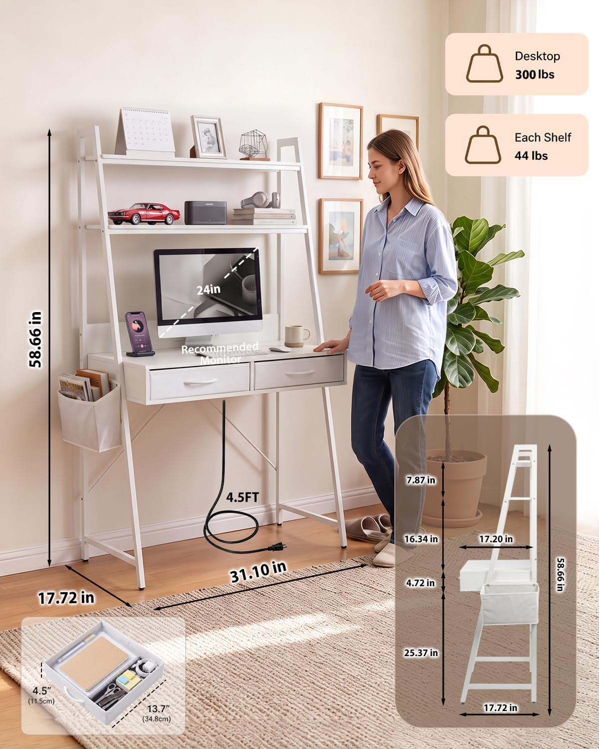 Home Office Desk with Drawer & 2‑Tier Shelves
