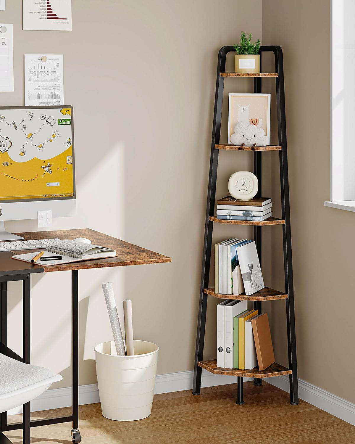 Rustic‑Brown 59.6‑Inch 5‑Tier Ladder Corner Shelf