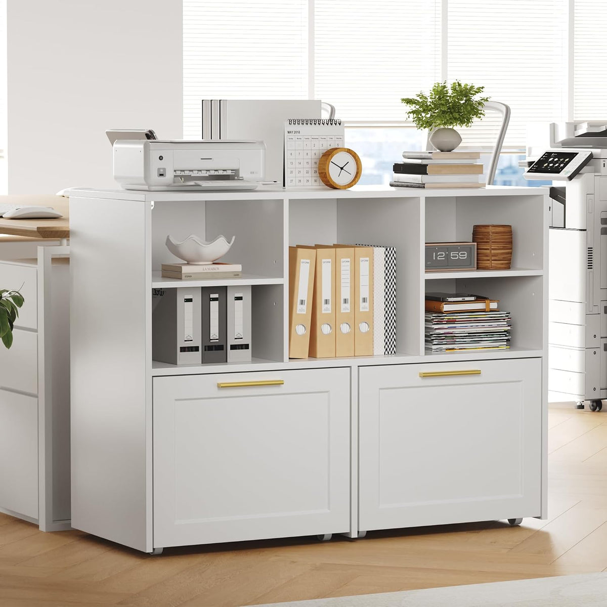 White Wooden Lateral File Cabinet with 2 Drawers & Cubes