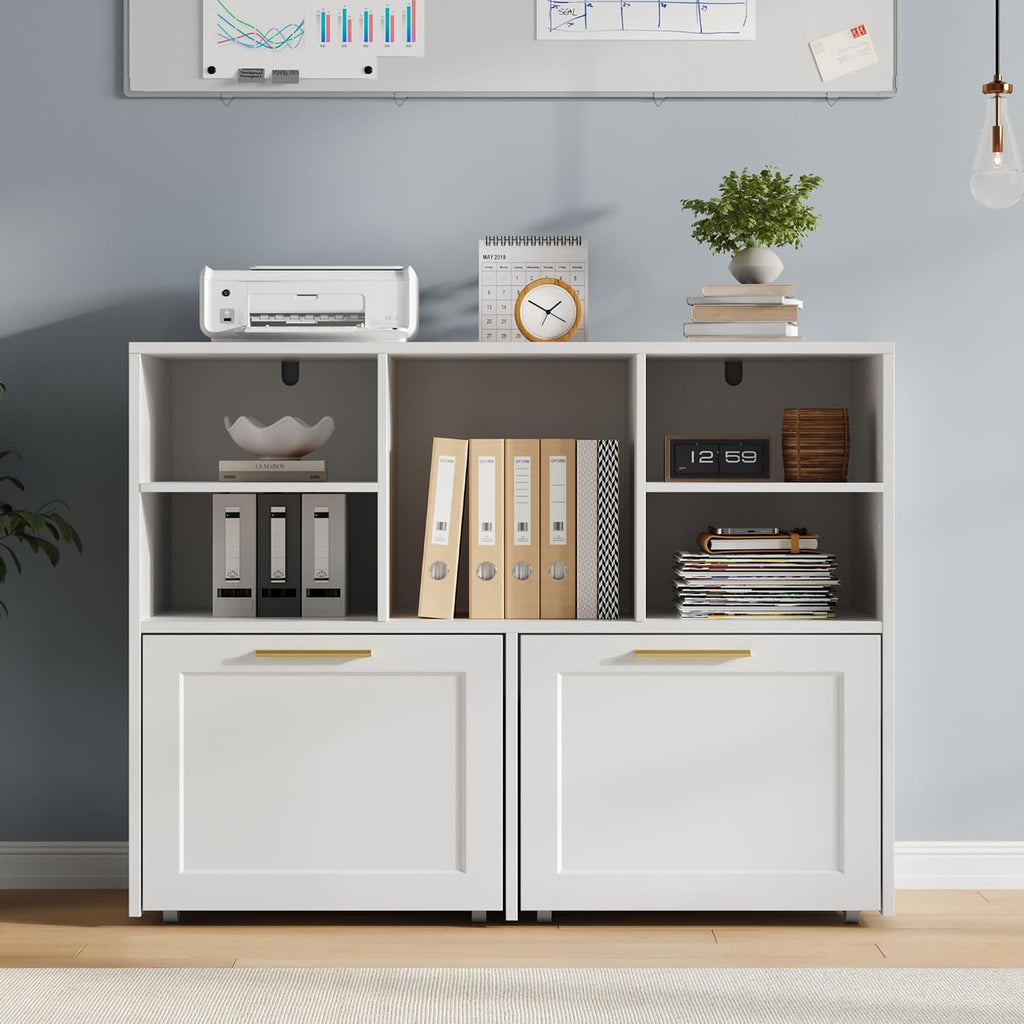 White Wooden Lateral File Cabinet with 2 Drawers & Cubes