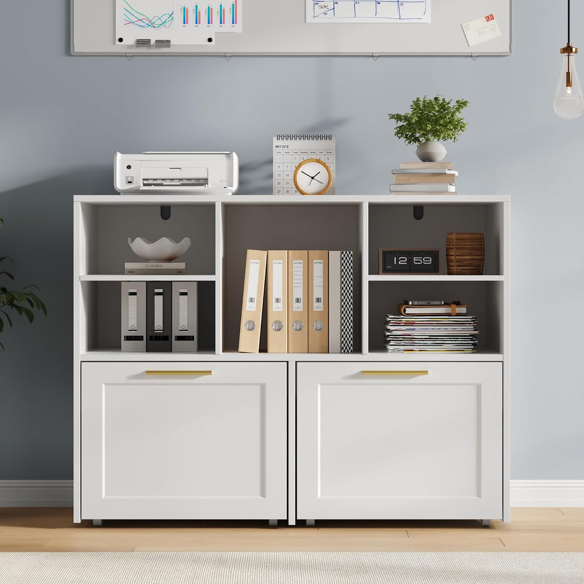 White Wooden Lateral File Cabinet with 2 Drawers & Cubes