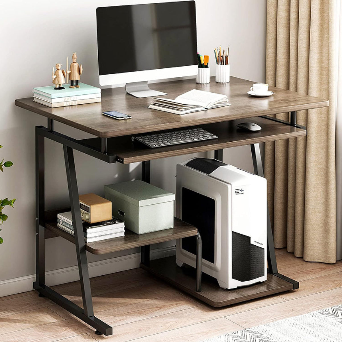 Walnut Compact 32‑Inch Computer Desk with Keyboard Tray