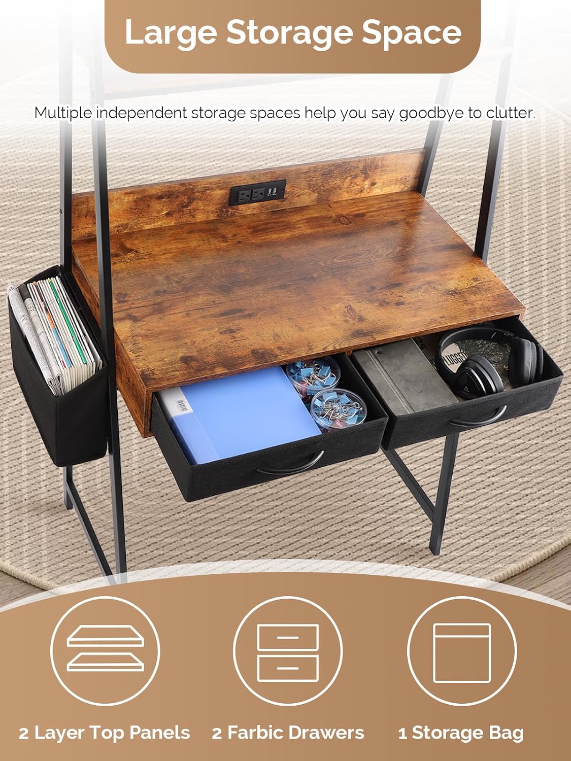 Dark‑Brown Ladder Desk with Power Outlets & Drawers