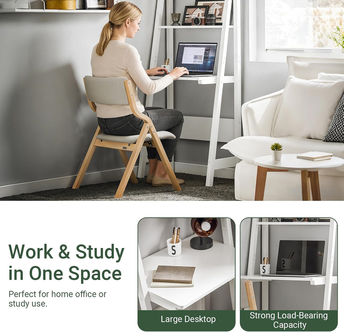 White Freestanding Ladder Desk with Shelves