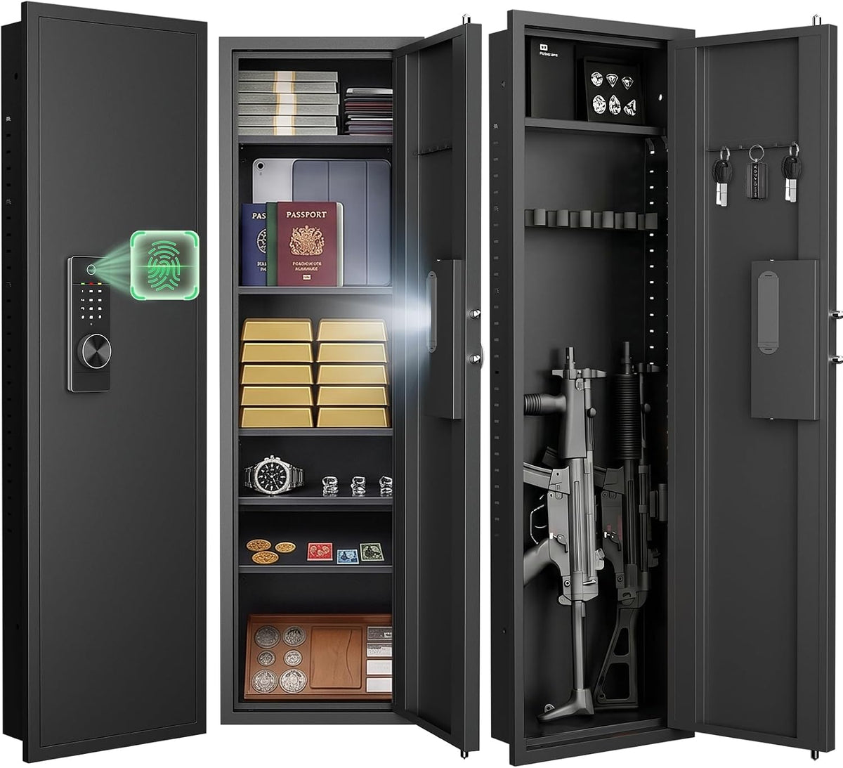 Black Fingerprint In‑Wall Safe with Dual Alarm & Shelves