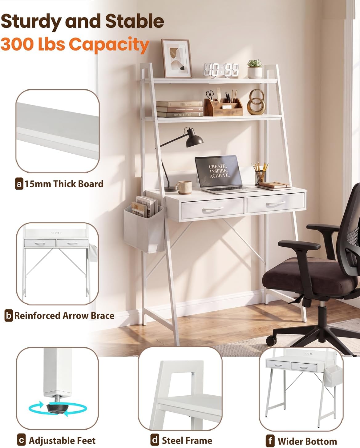 Home Office Desk with Drawer & 2‑Tier Shelves