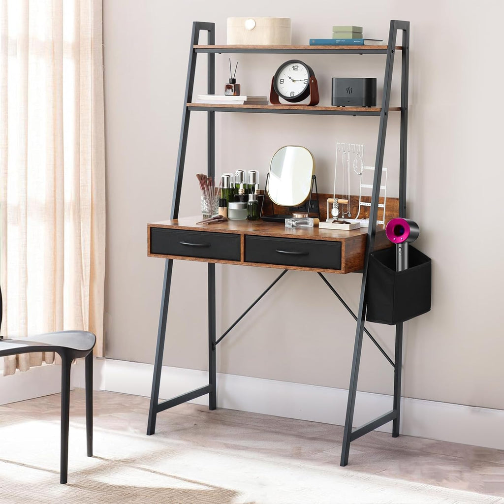 Dark‑Brown Ladder Desk with Power Outlets & Drawers