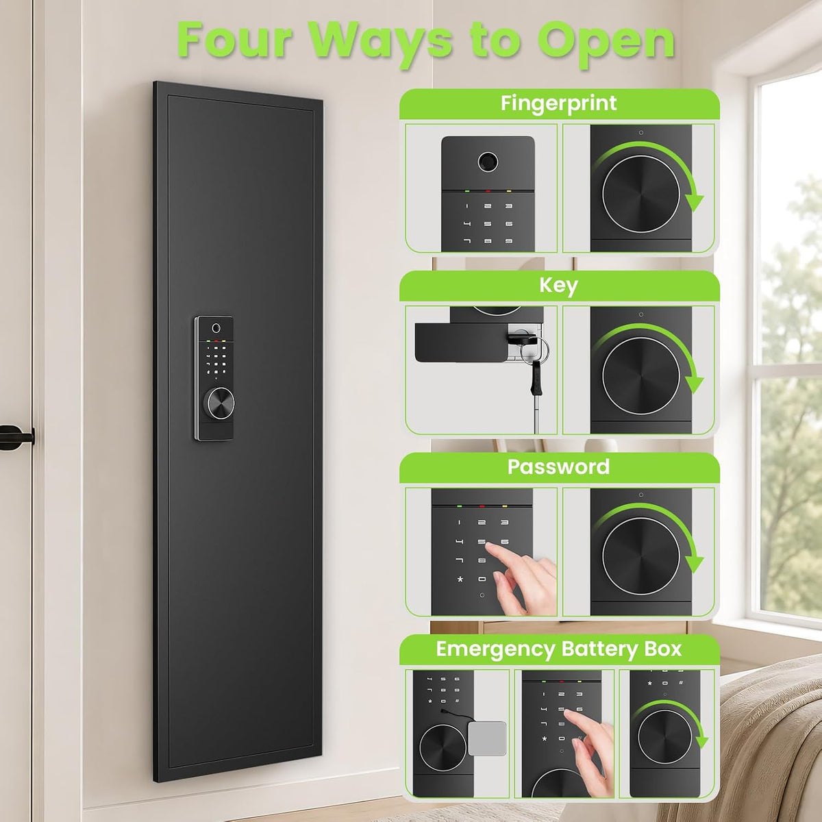 Black Fingerprint In‑Wall Safe with Dual Alarm & Shelves