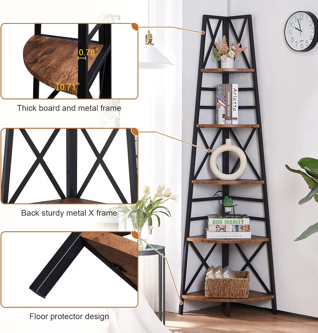 Rustic‑Brown 72‑Inch 5‑Tier Corner Bookshelf