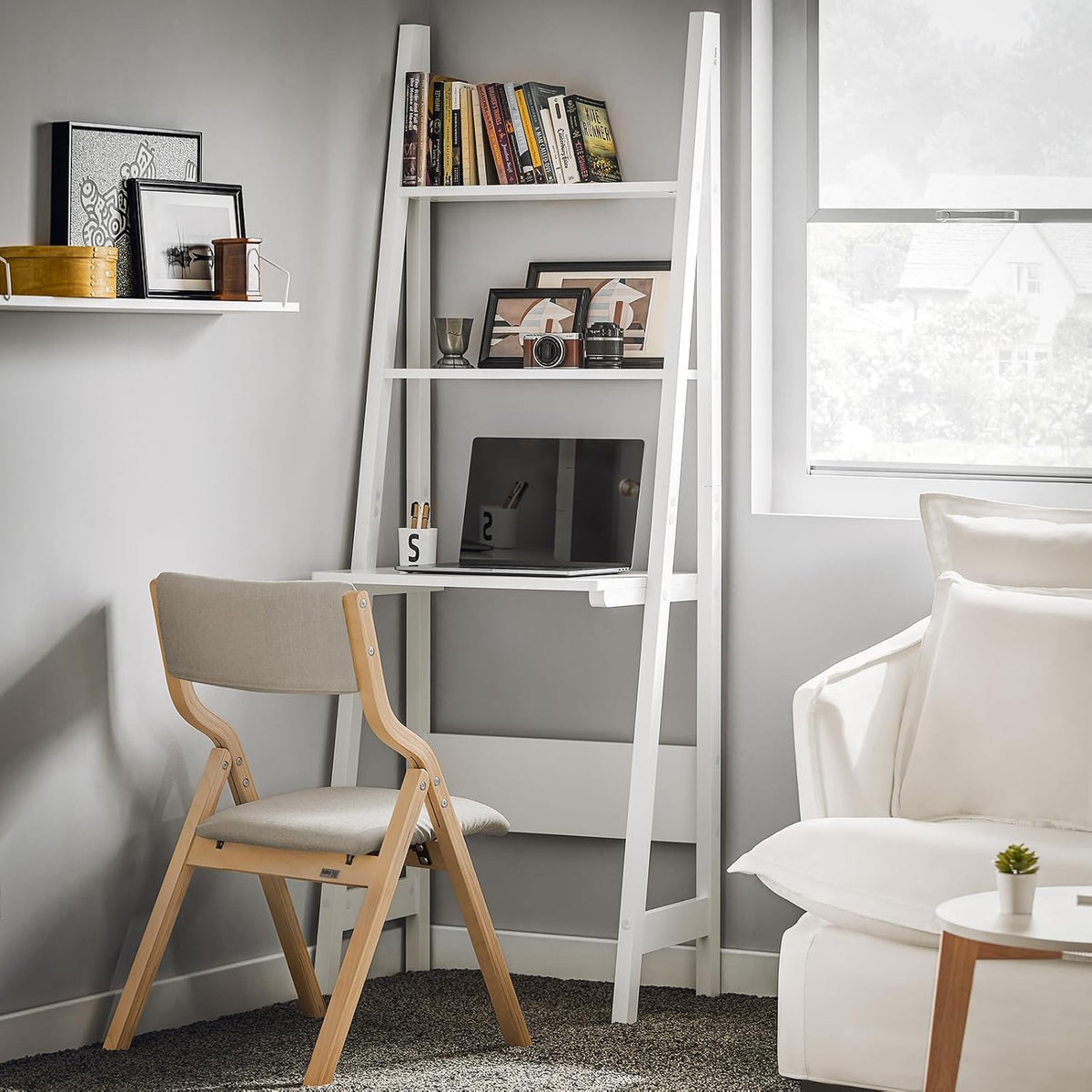 White Freestanding Ladder Desk with Shelves