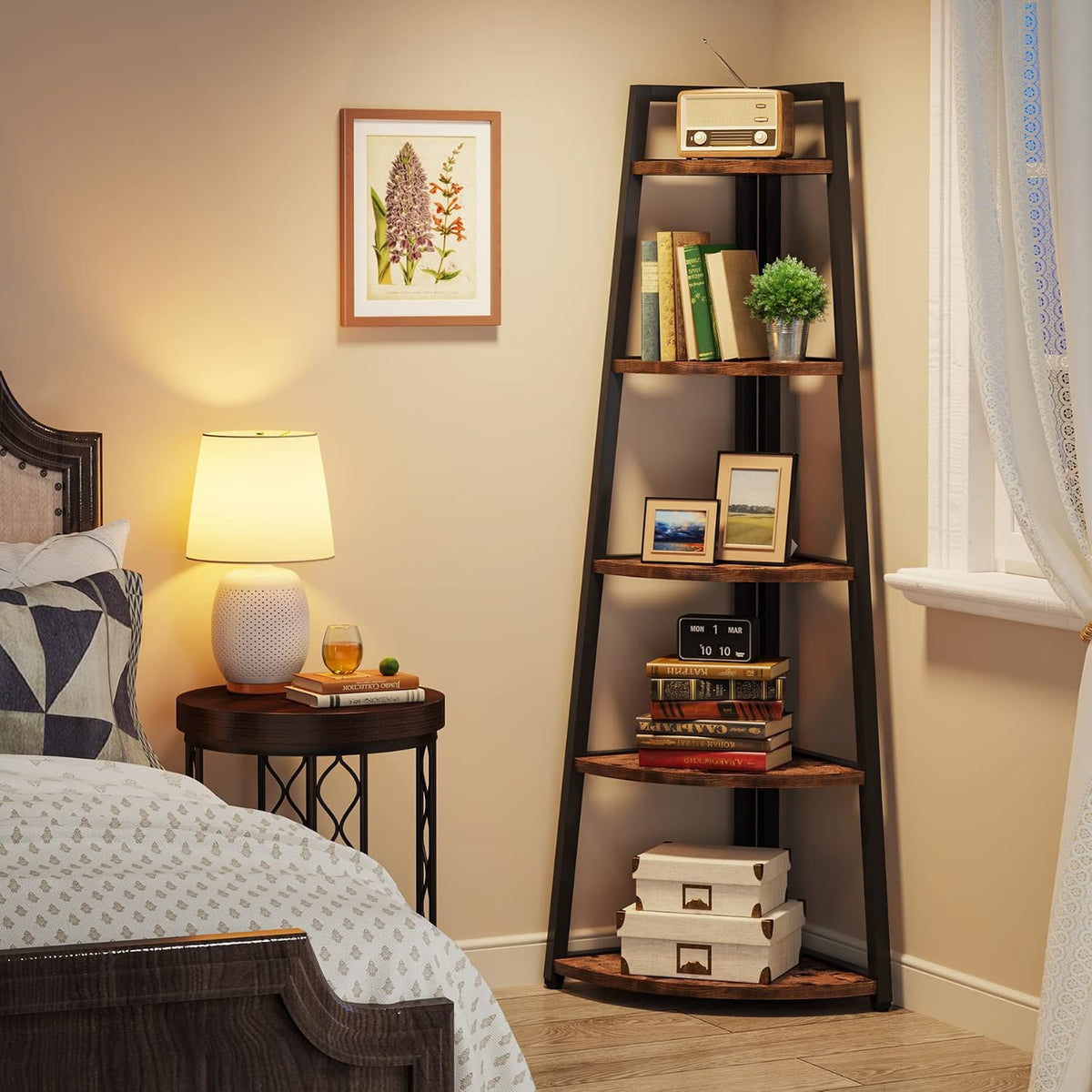 Brown 70‑Inch 5‑Tier Industrial Corner Ladder Shelf