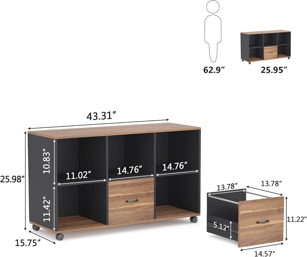 43‑Inch Walnut Mobile File Cabinet with Drawers & Shelves